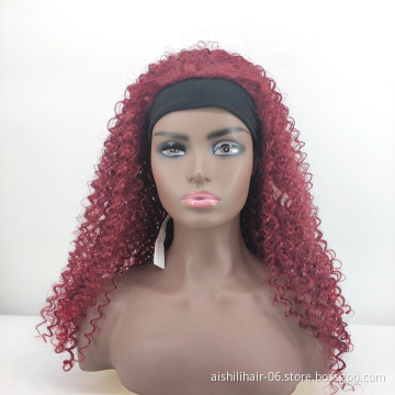 wholesale cheap long burgundy color afro kinky curly wigs headband wigs for black women
